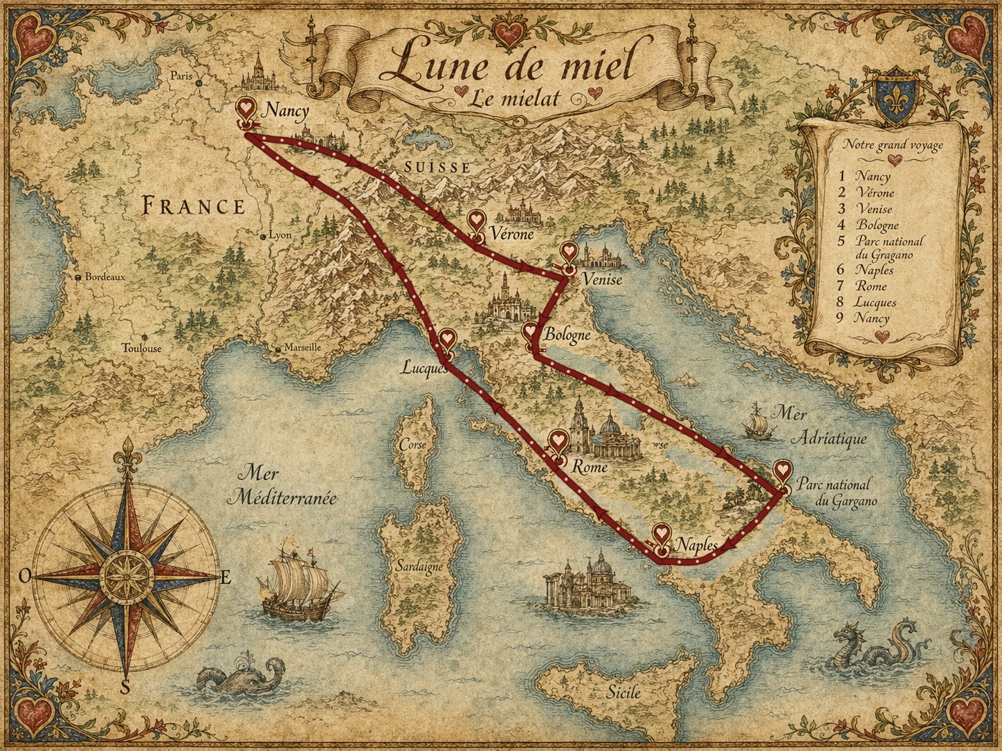 Carte illustrée de notre voyage de noces de Nancy à l'Italie : Vérone, Venise, Bologne, Lucques, Rome, Naples et le Parc national du Gargano.